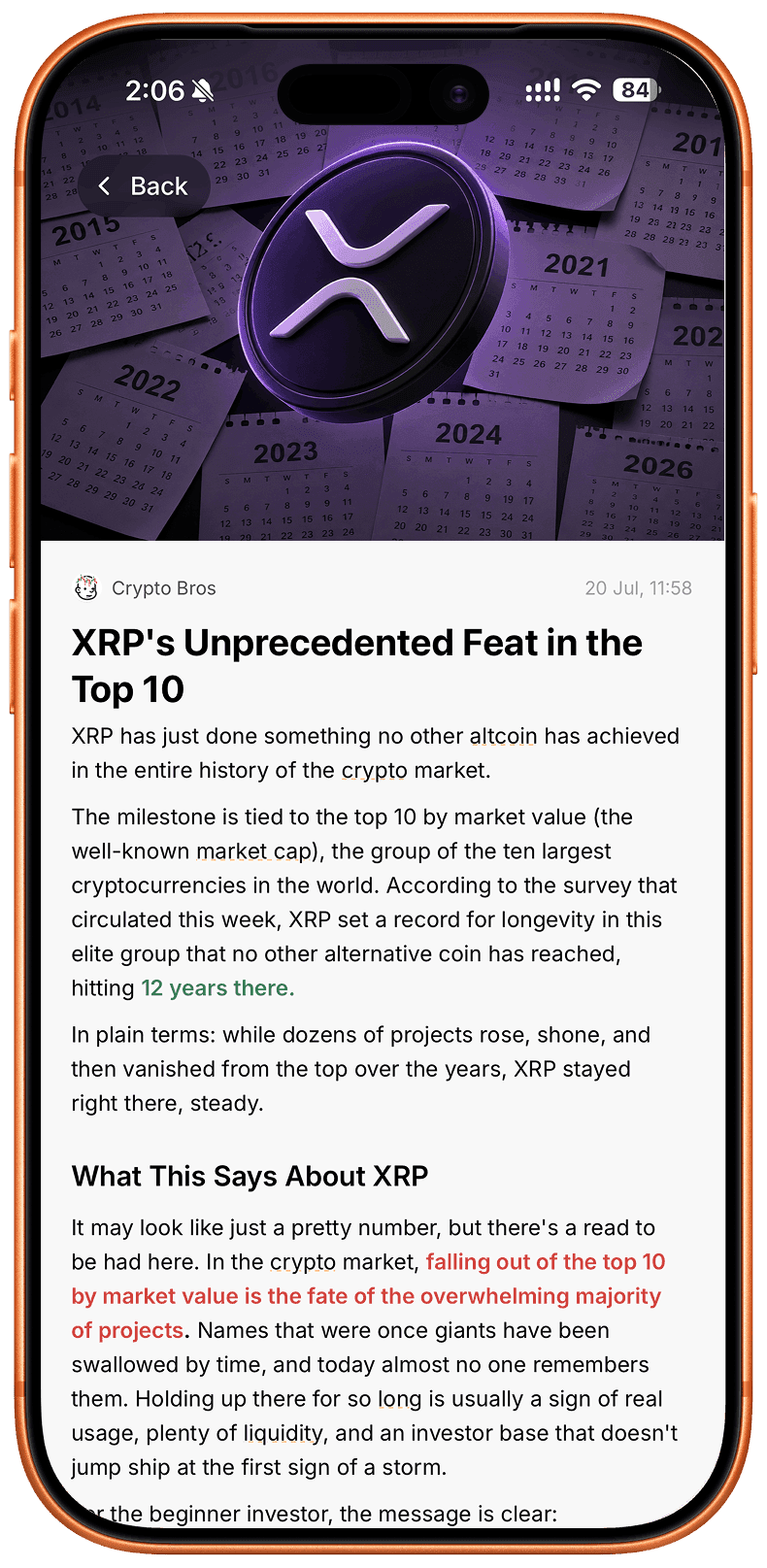 Crypto Bros news feed on iPhone