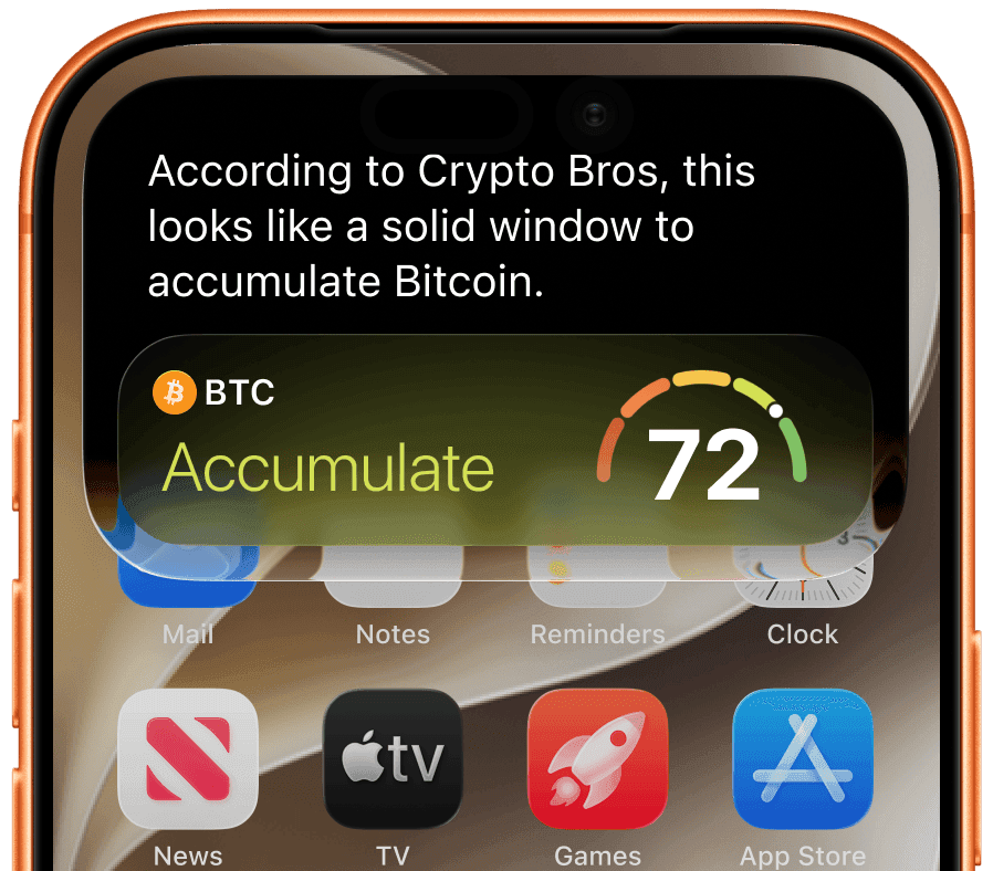 Crypto Bros Live Activity: Accumulate score 72 with Siri summary