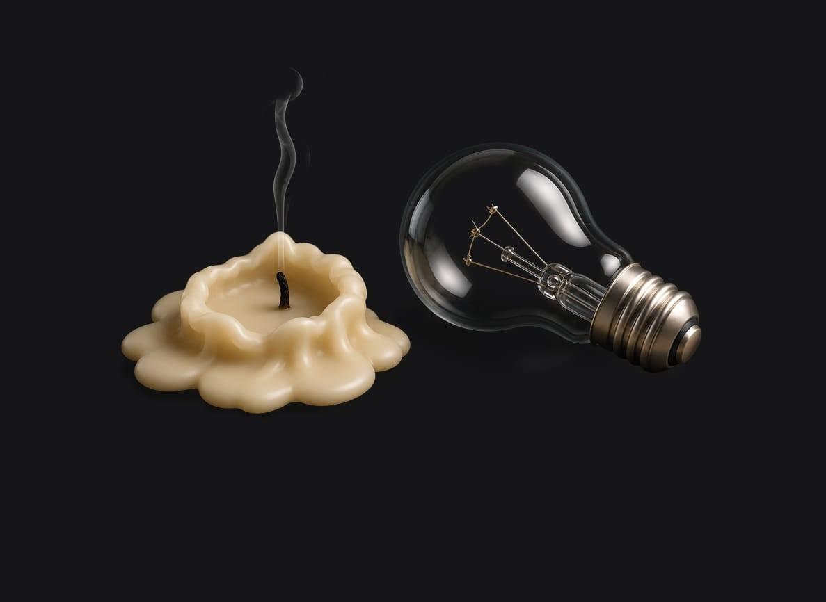 Melted candle with smoke rising next to an unlit light bulb