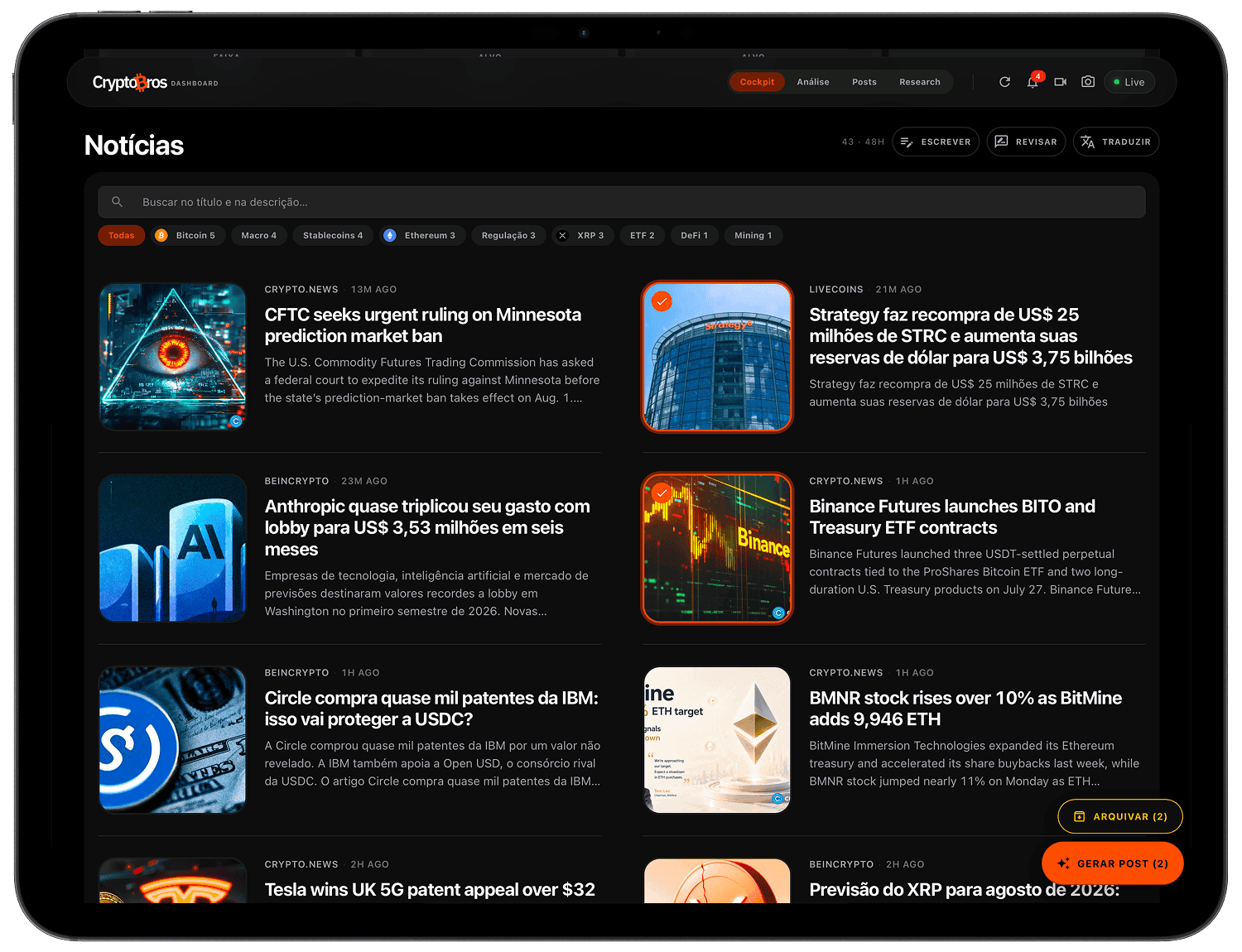 Crypto Bros operations dashboard: news queue with AI write, review, and translate tools