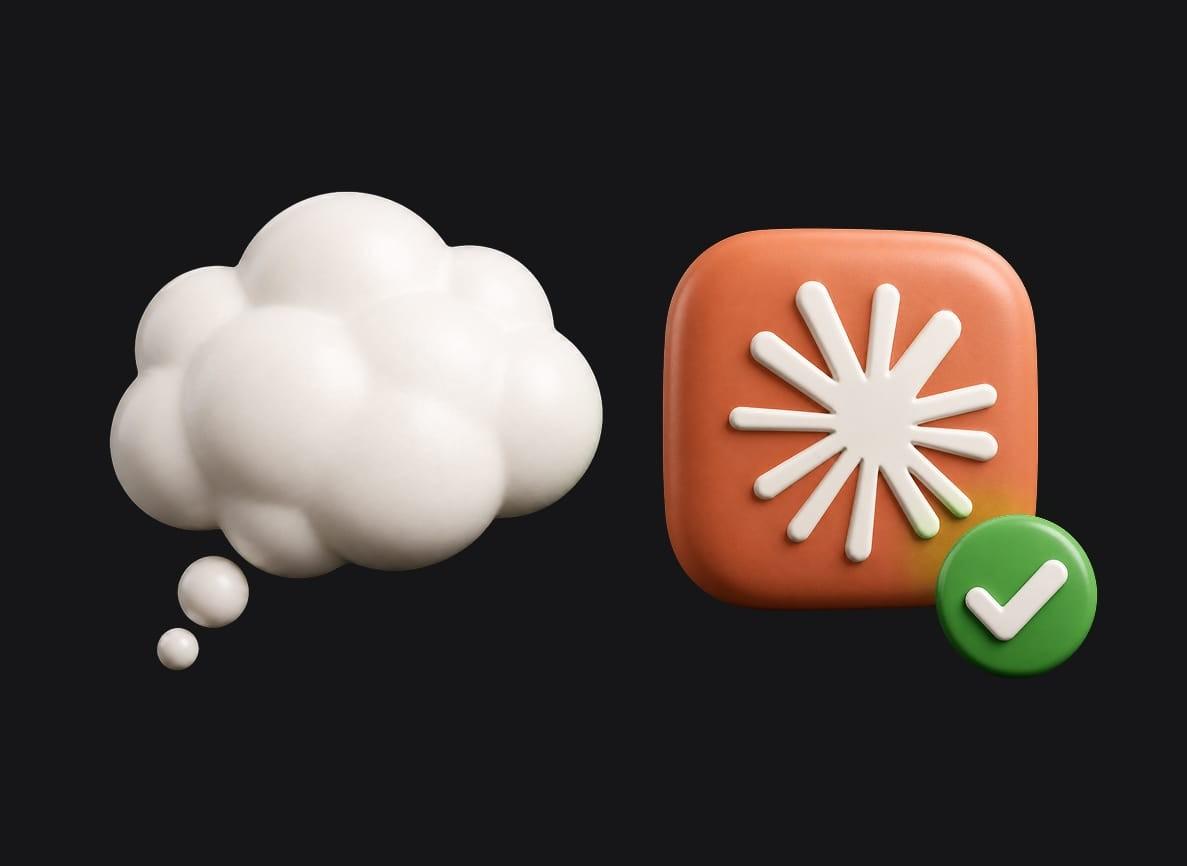 Thought bubble next to the Claude app icon with a green checkmark
