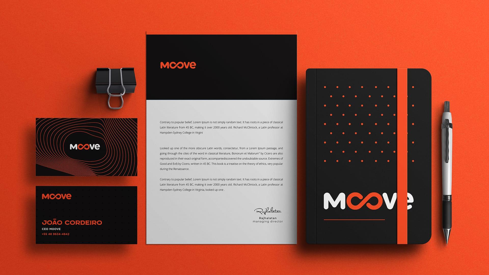 Brand system overview with mark and application samples on paper