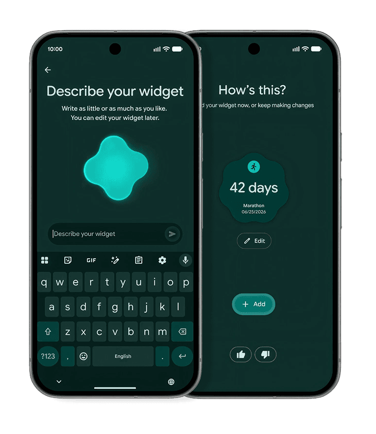 Two iPhones: describe your widget prompt and a generated marathon countdown widget