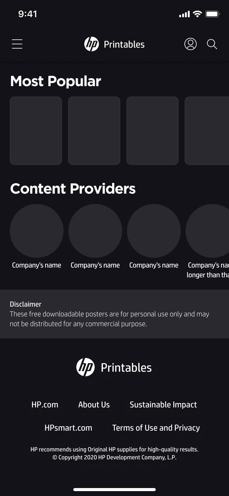 HP Printables Wireframe: Homepage variants