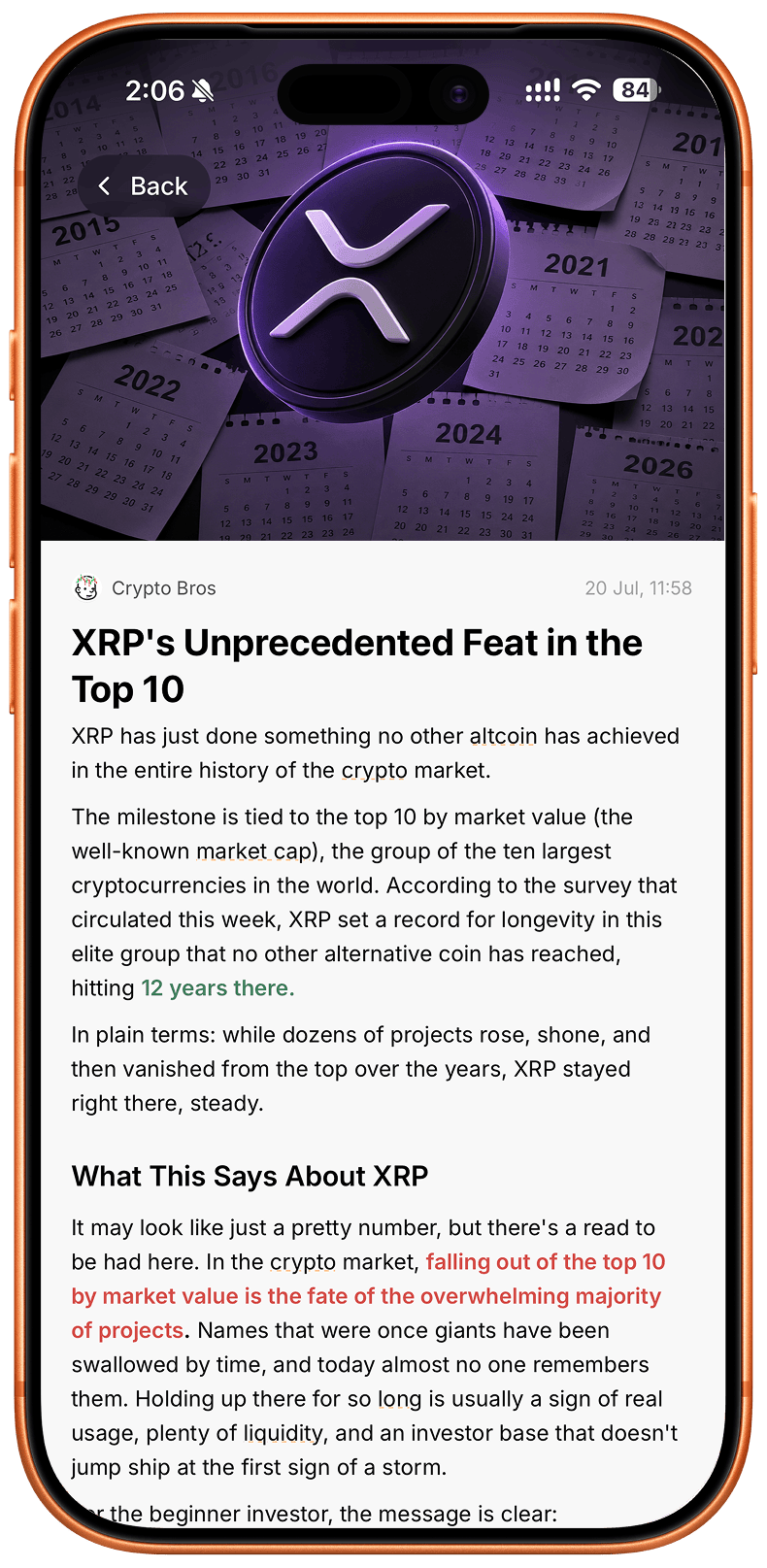 Crypto Bros news feed on iPhone