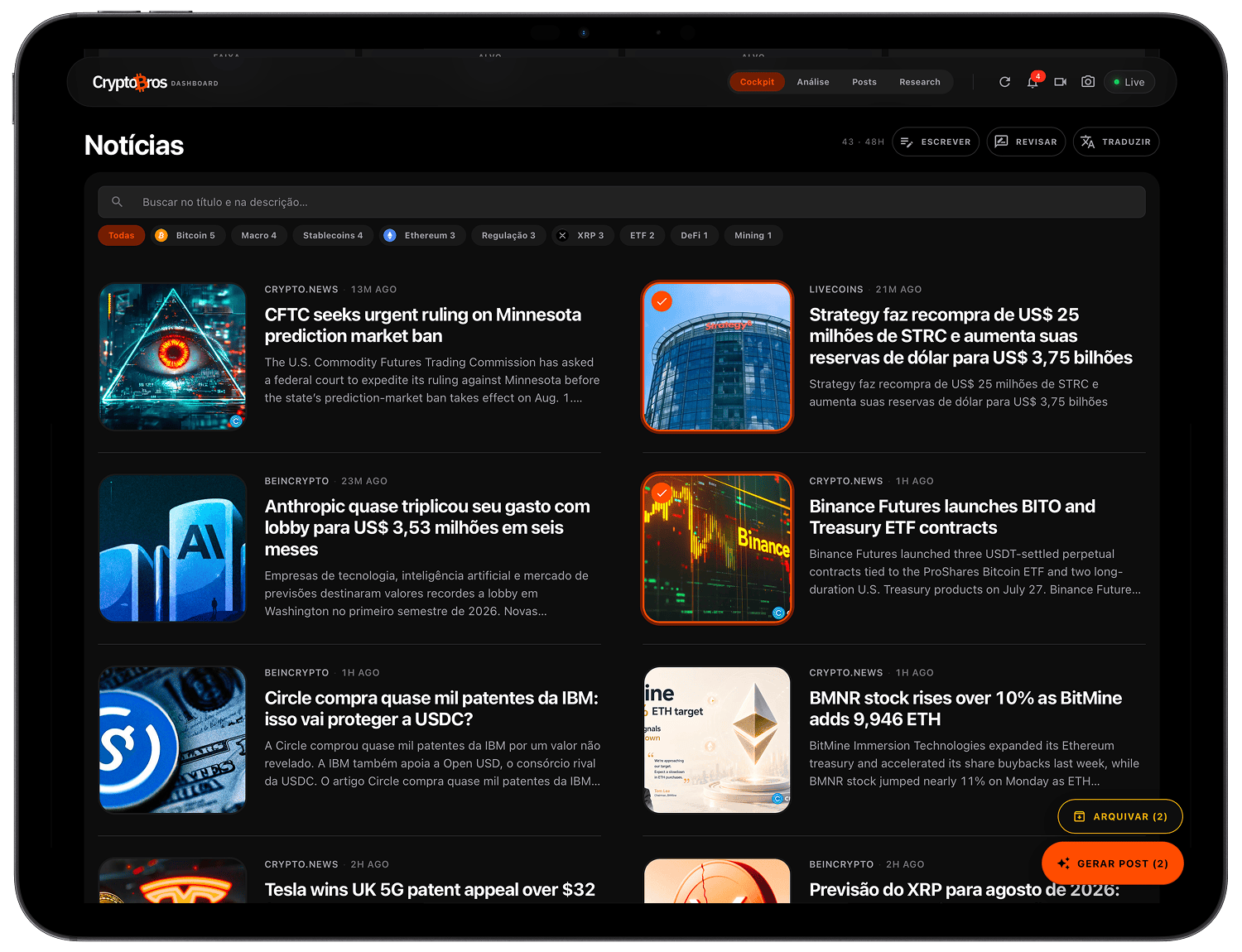 Crypto Bros operations dashboard: news queue with AI write, review, and translate tools